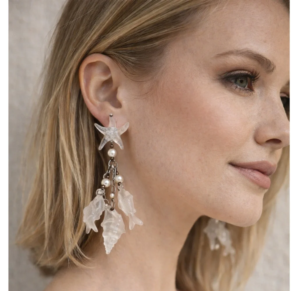 Vintage Mermaidcore Nautical Dangle Earrings Frosted Acrylic Shells Fish